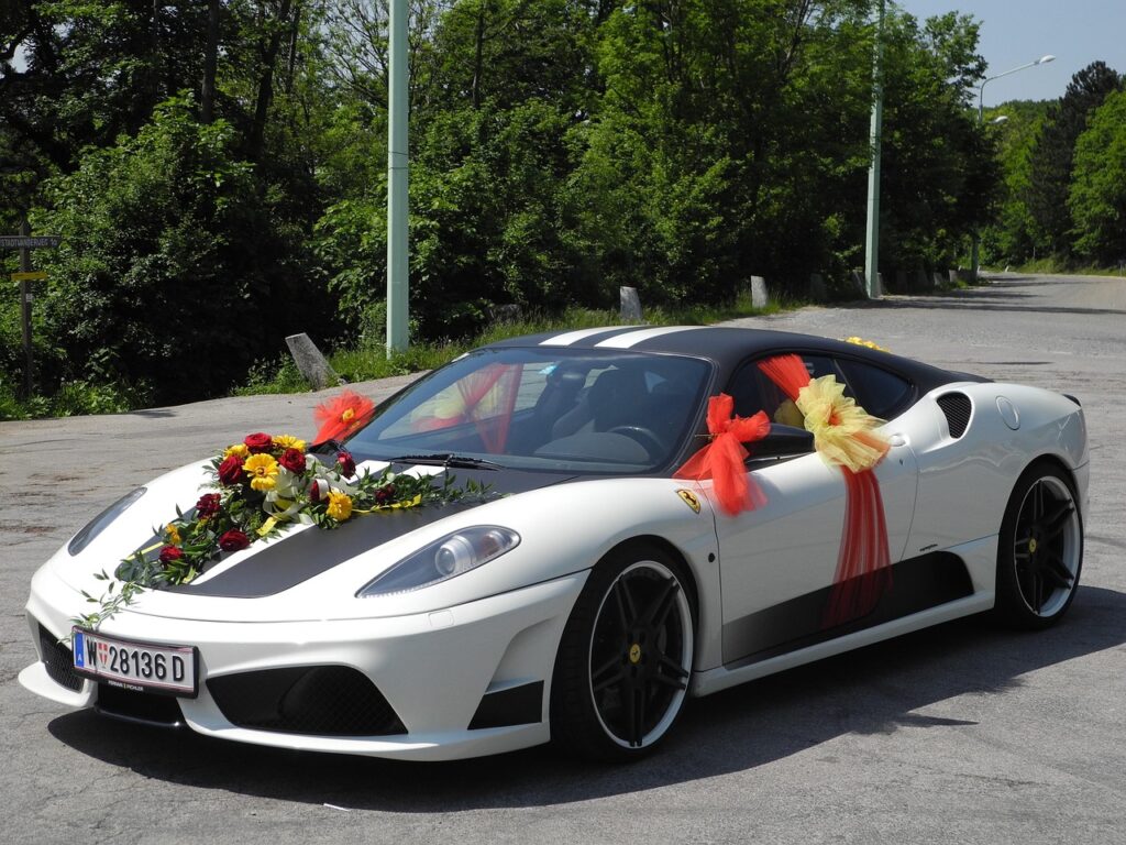 wedding car, automobile, ferrari, wedding, floral decorations, white, wedding car, wedding car, wedding car, wedding car, wedding car, ferrari, ferrari